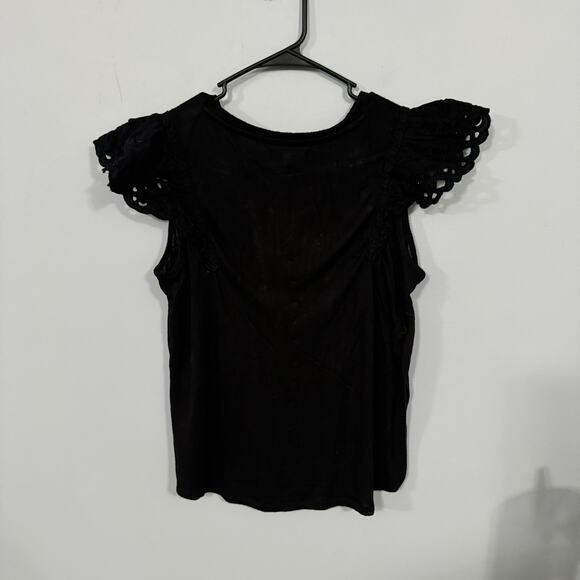 Maurices Solid Black Eyelet Flutter Sleeve Top Size Large Modest Neckline - Picture 6 of 7